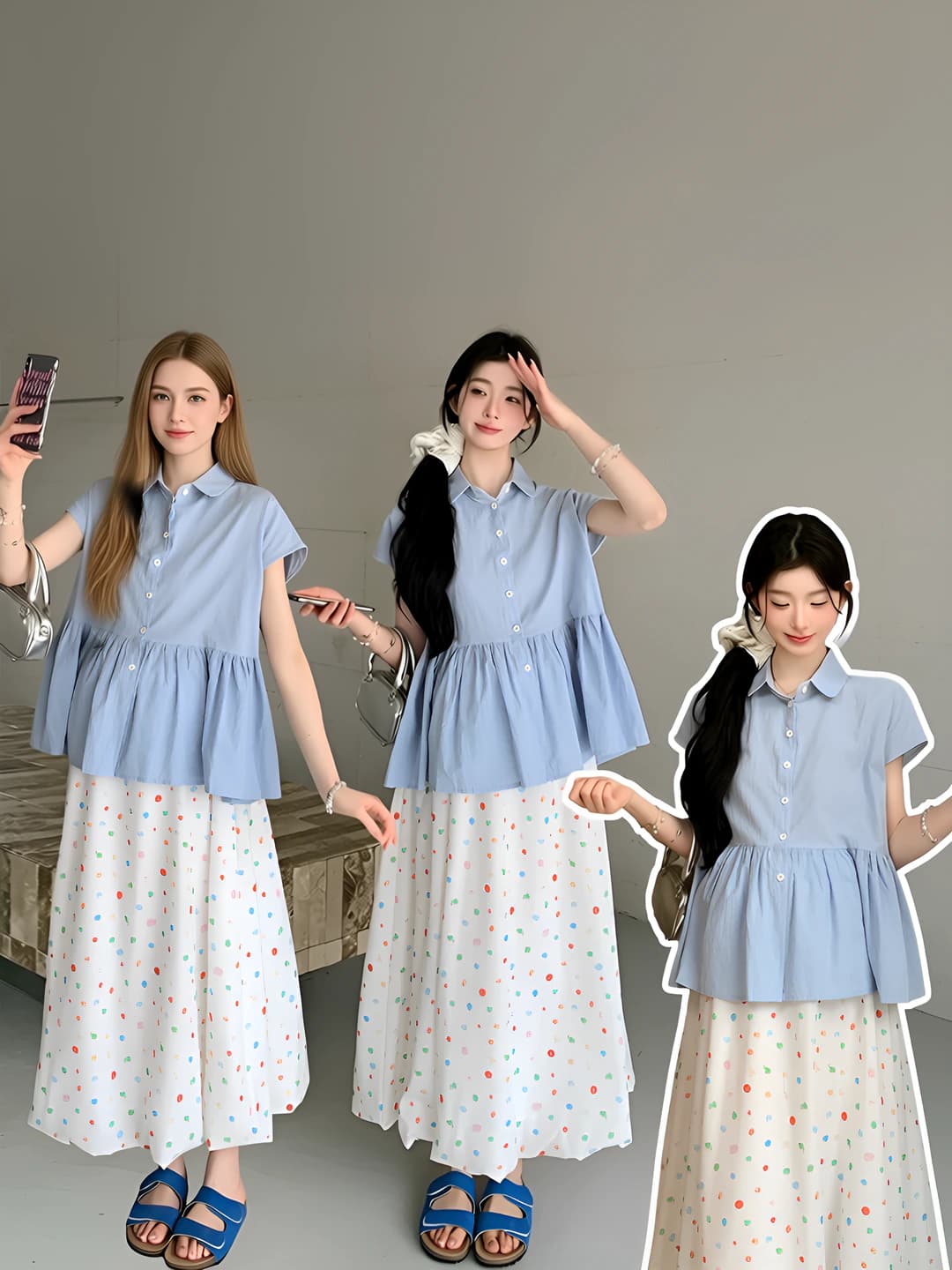 Women's 2026 summer set: loose fit, blouse and long skirt, 50-70% cotton, less than 30% spandex, short sleeve, polka dot pattern