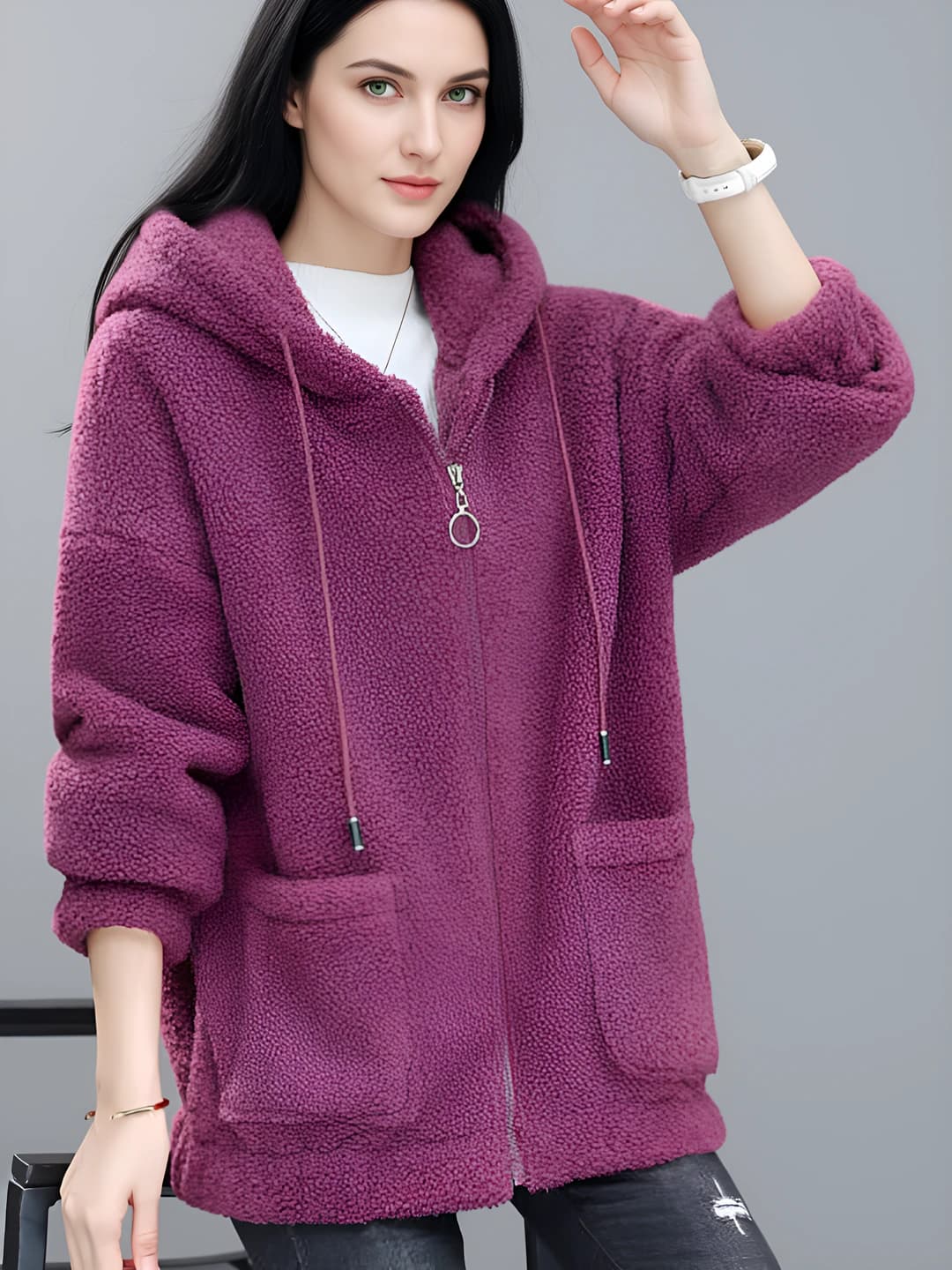 Women's Korean style warm fleece-lined thickened zip loose fit plus size fleece sweatshirt