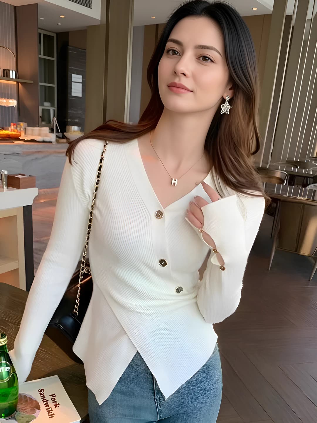 Women's knitted top: V-neck, long sleeve, solid colour, spring-autumn, 2026