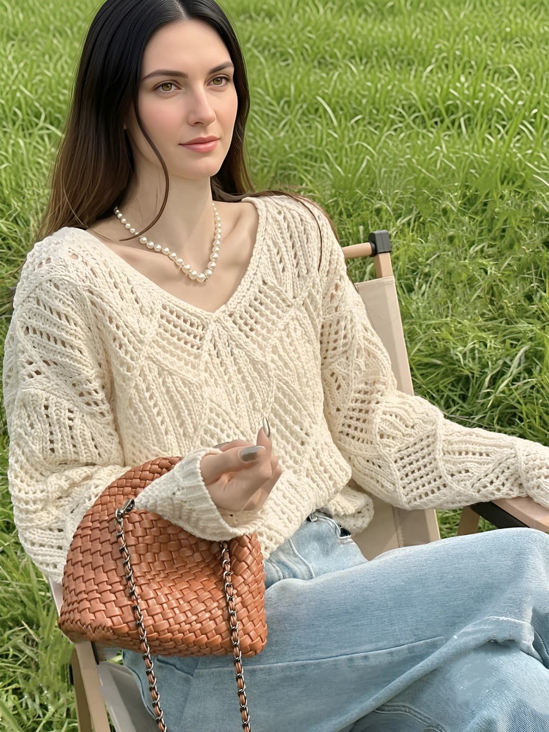 Women's 2026 summer knit sweater, Korean style, V-neck, long sleeve, loose fit, thin, 3D pattern, pink