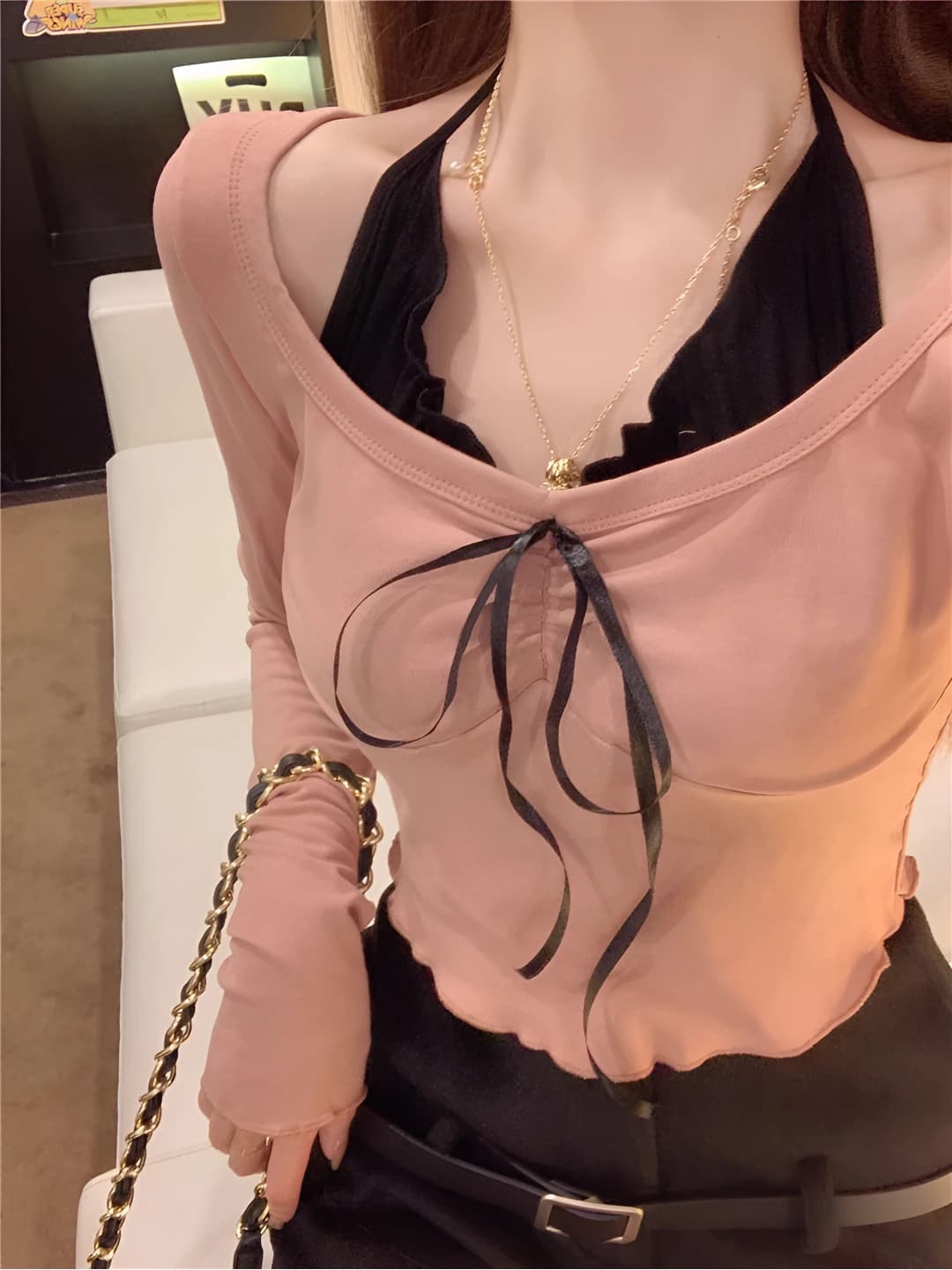 Women's lingerie-style tops: autumn, long sleeve, V-neck, slim fit, slimming, cropped, modal fabric, casual style
