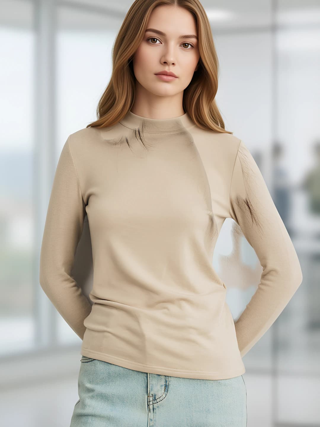 Women's wool long-sleeve base top for autumn-winter, mock neck and crew neck, slim fit, long sleeve