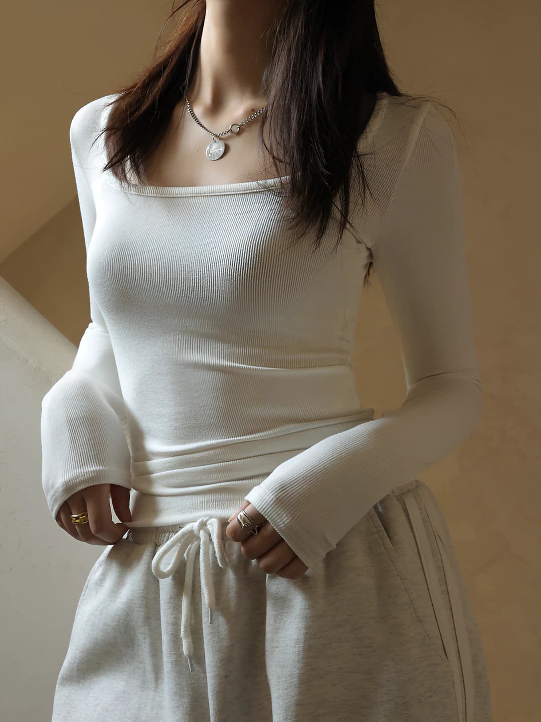 Women's modal long-sleeve base top, slim fit, slimming, square neck, solid colour, casual style t-shirt