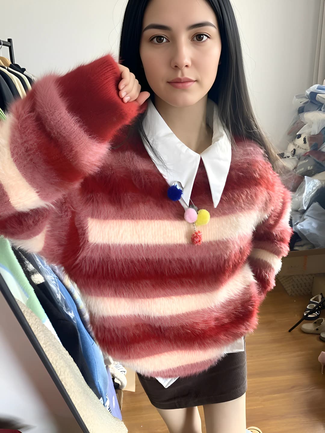 Women's striped knit top, autumn-winter, loose fit, crew neck, long sleeve, red color