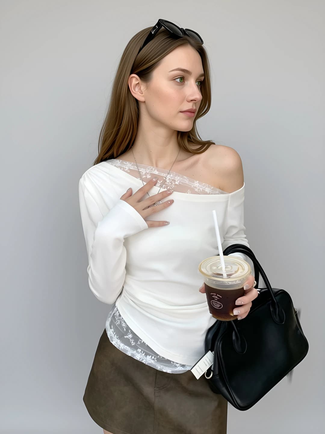 Women's blue lace patchwork slim fit slimming off-shoulder long sleeve t-shirt