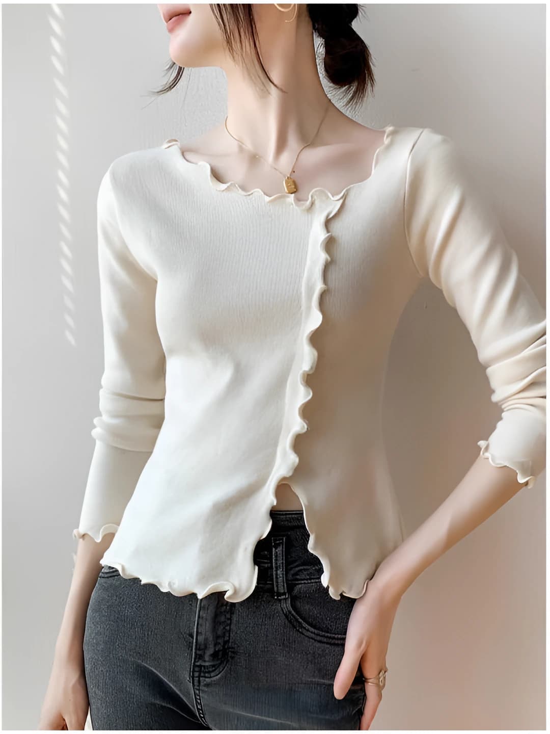 Women's 2026 autumn solid colour slim fit slimming knit top with crew neck and long sleeve