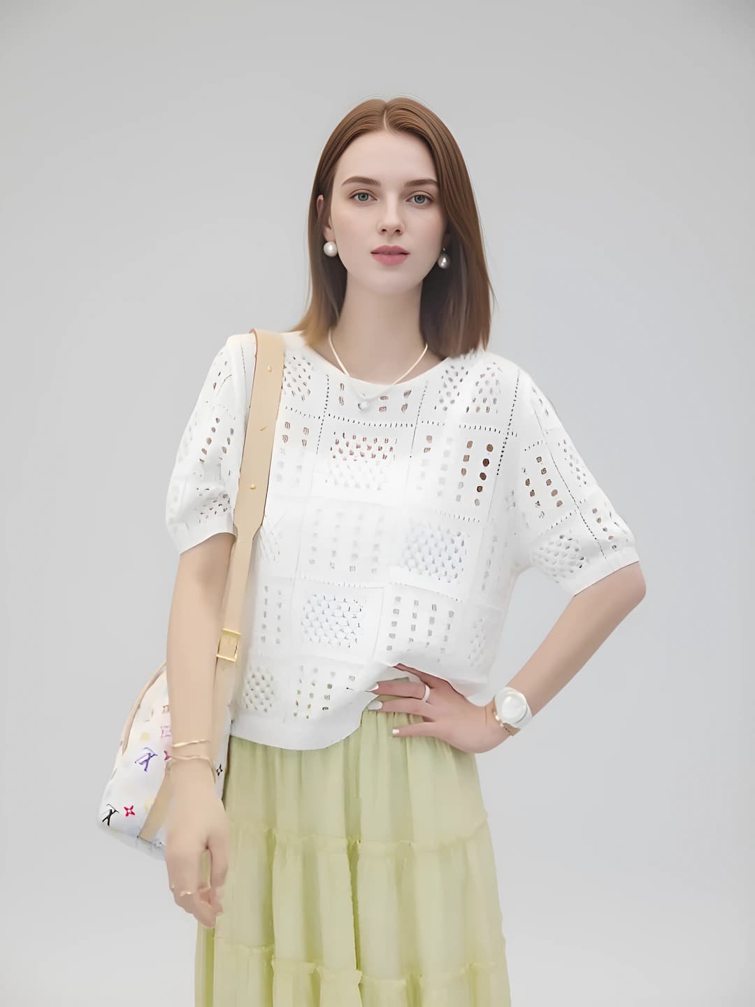 Women's plus size slimming loose fit crew neck short sleeve openwork knitted top