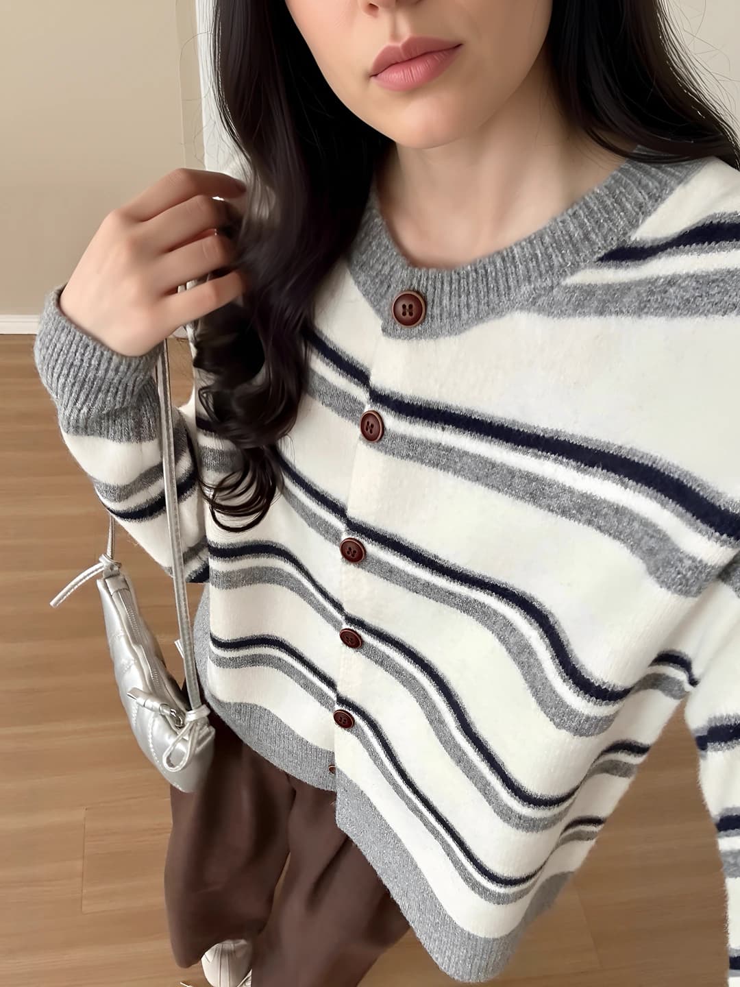 Women's striped knit cardigan, autumn, crew neck, long sleeve, slimming