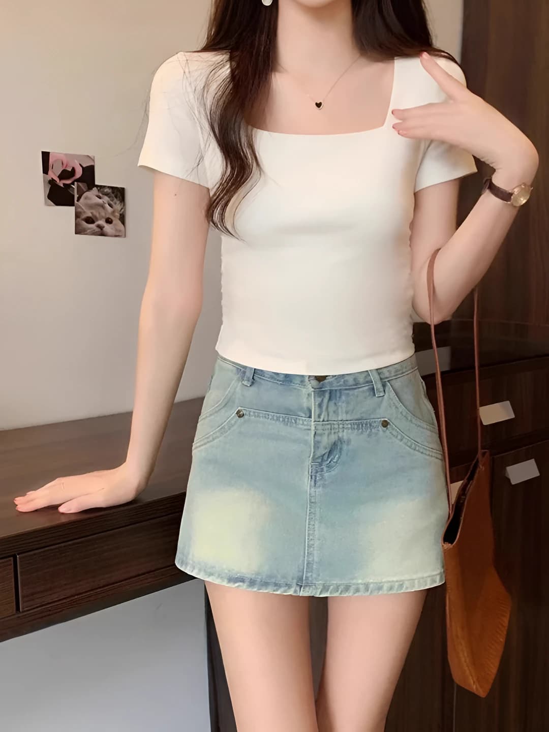 Women's 2026 summer retro pure cotton slim fit short sleeve cropped t-shirt, square collar, solid colour, casual
