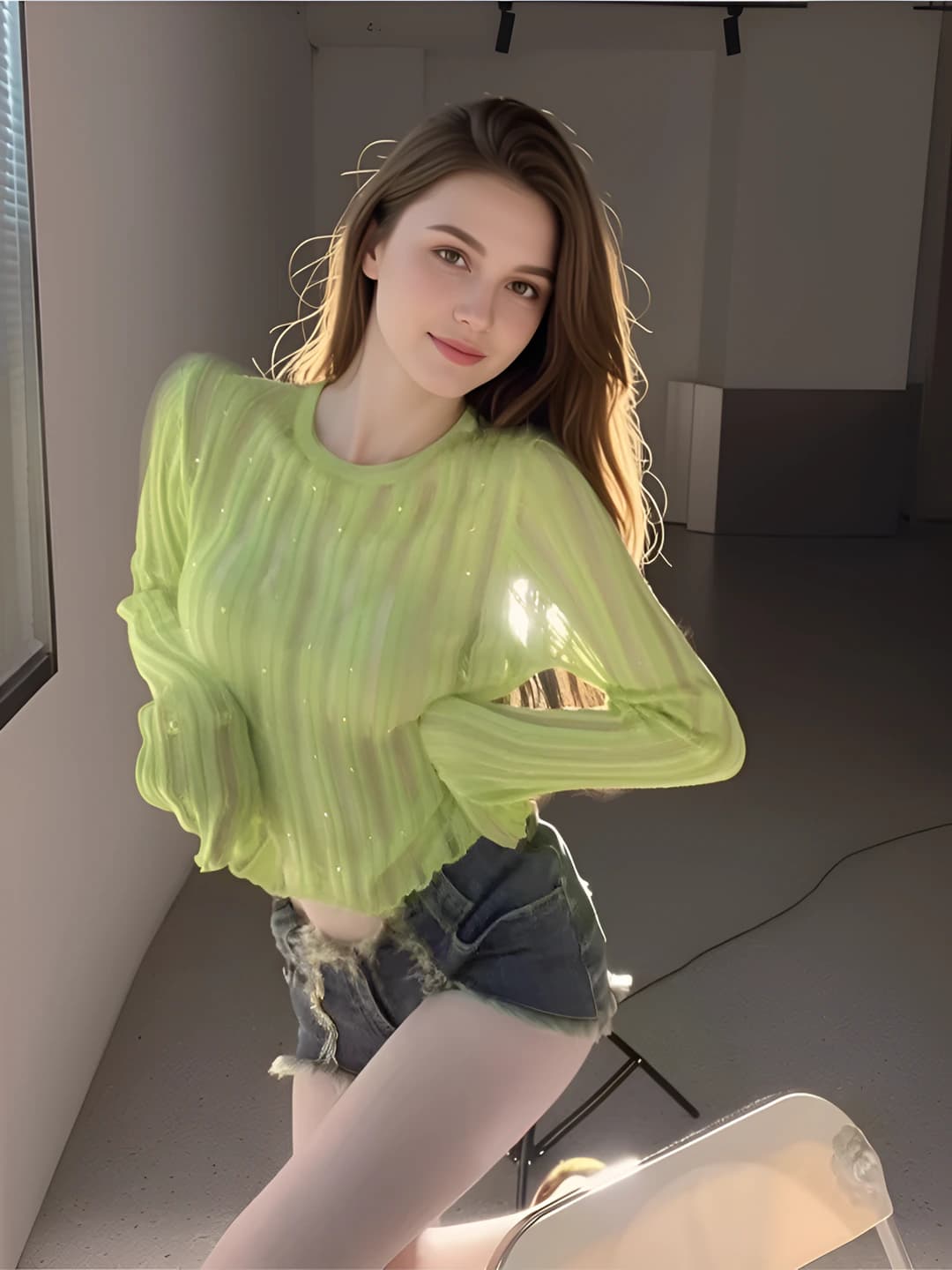 Women's thin knitted top: ice-silk fabric, long sleeve, slim fit, crew neck, solid colour, sun-protective, cropped