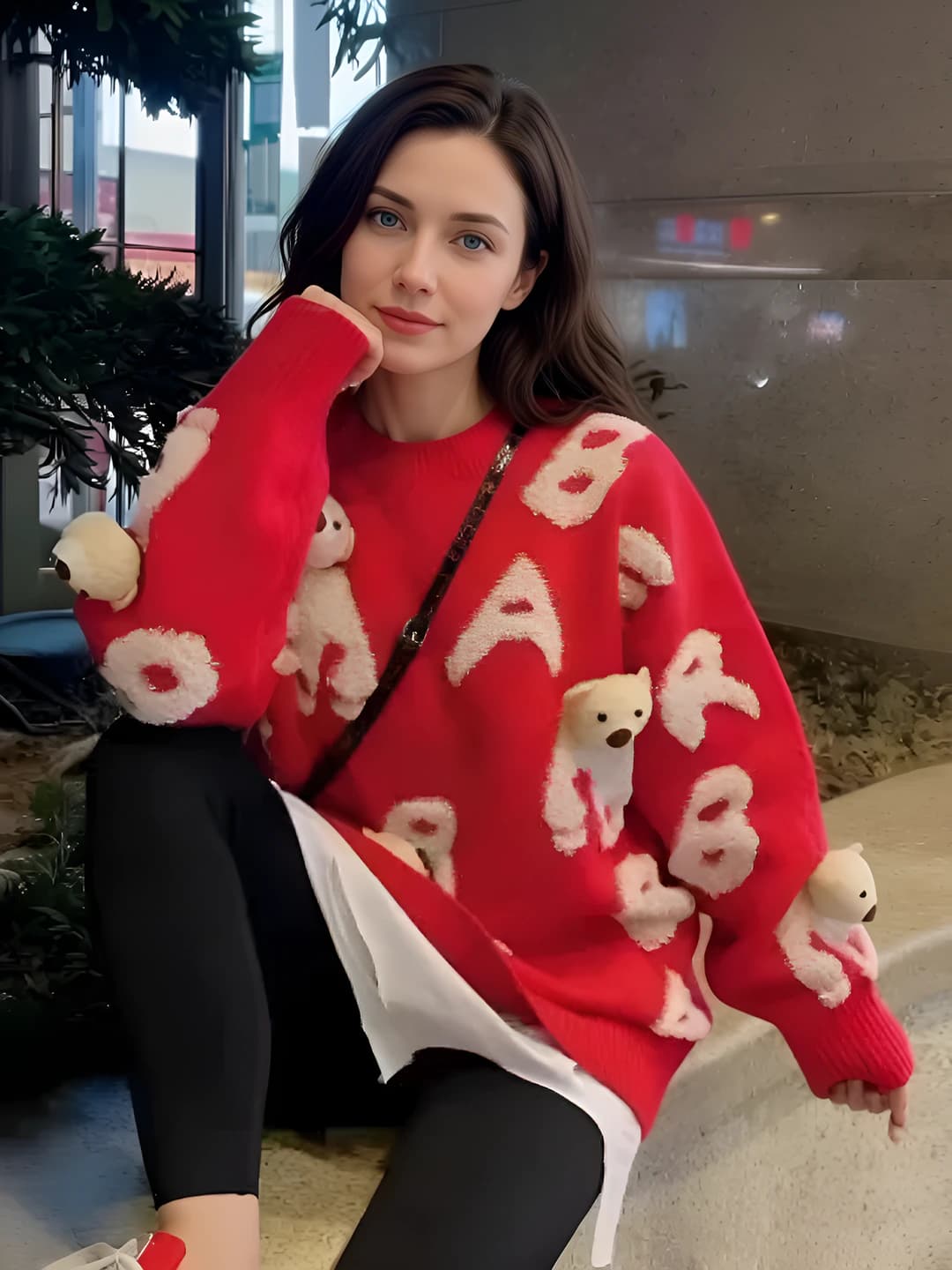Women's 2026 autumn-winter plus size loose fit crew neck long sleeve 3D pattern knit top sweater