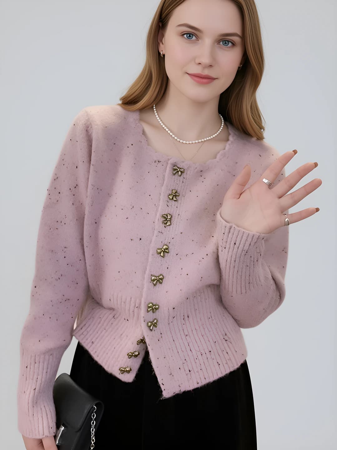 Women's knit cardigan for petite, cropped, loose fit, crew neck, long sleeve, spring-autumn