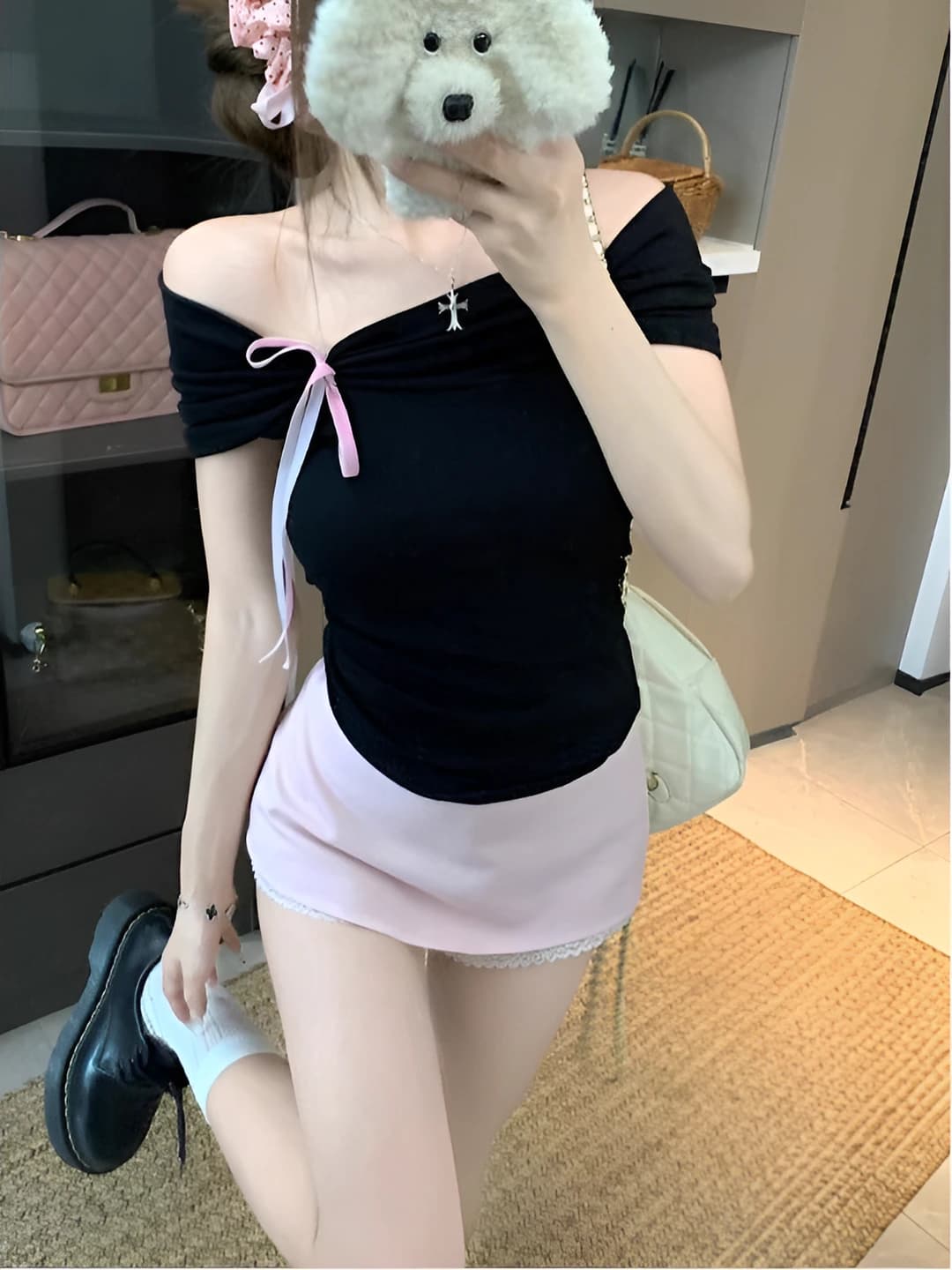 Women's off-shoulder short-sleeve top, summer, modal, slim fit, slimming, with bow pattern