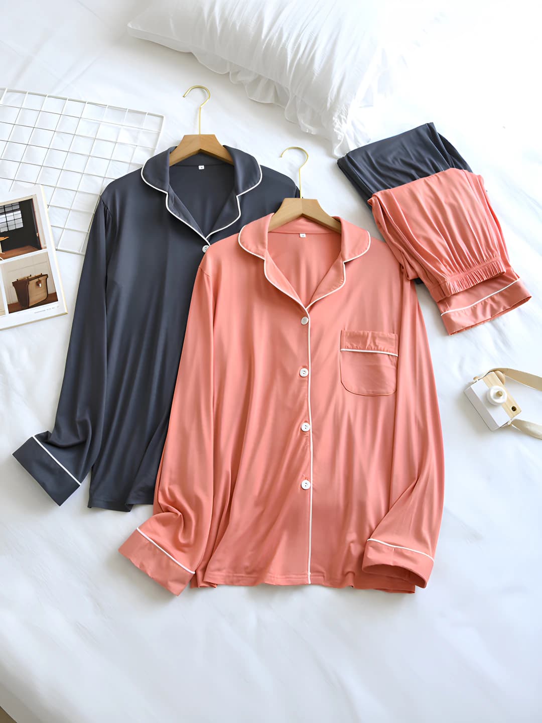 Women's modal pajama set: long-sleeve top and trousers, lapel collar, thin, loose fit, casual loungewear, spring-autumn
