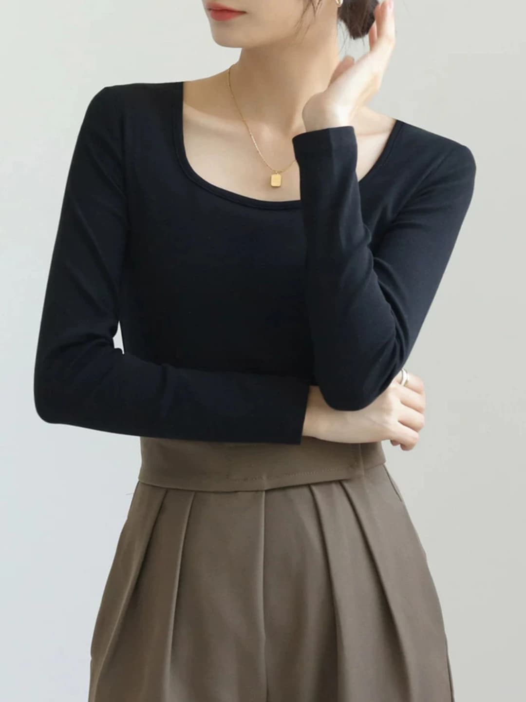 Women's fleece-lined long-sleeve base top, slim fit, low neckline, autumn-winter