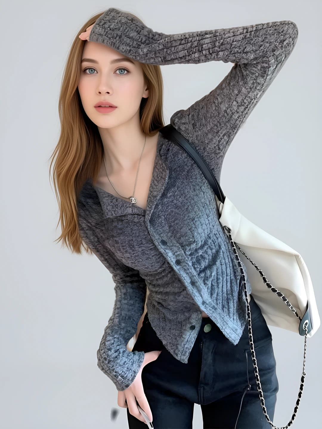 Women's autumn 2026 slim fit knit top with lapel collar and long sleeves
