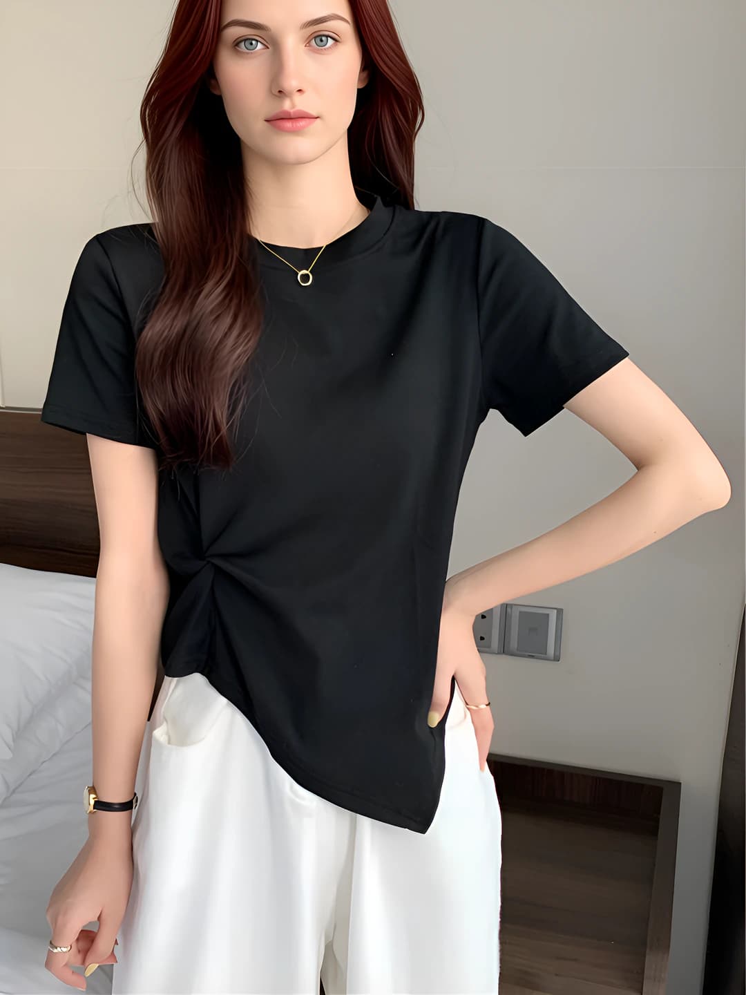 Women's summer short sleeve t-shirt with crew neck, solid colour, loose fit