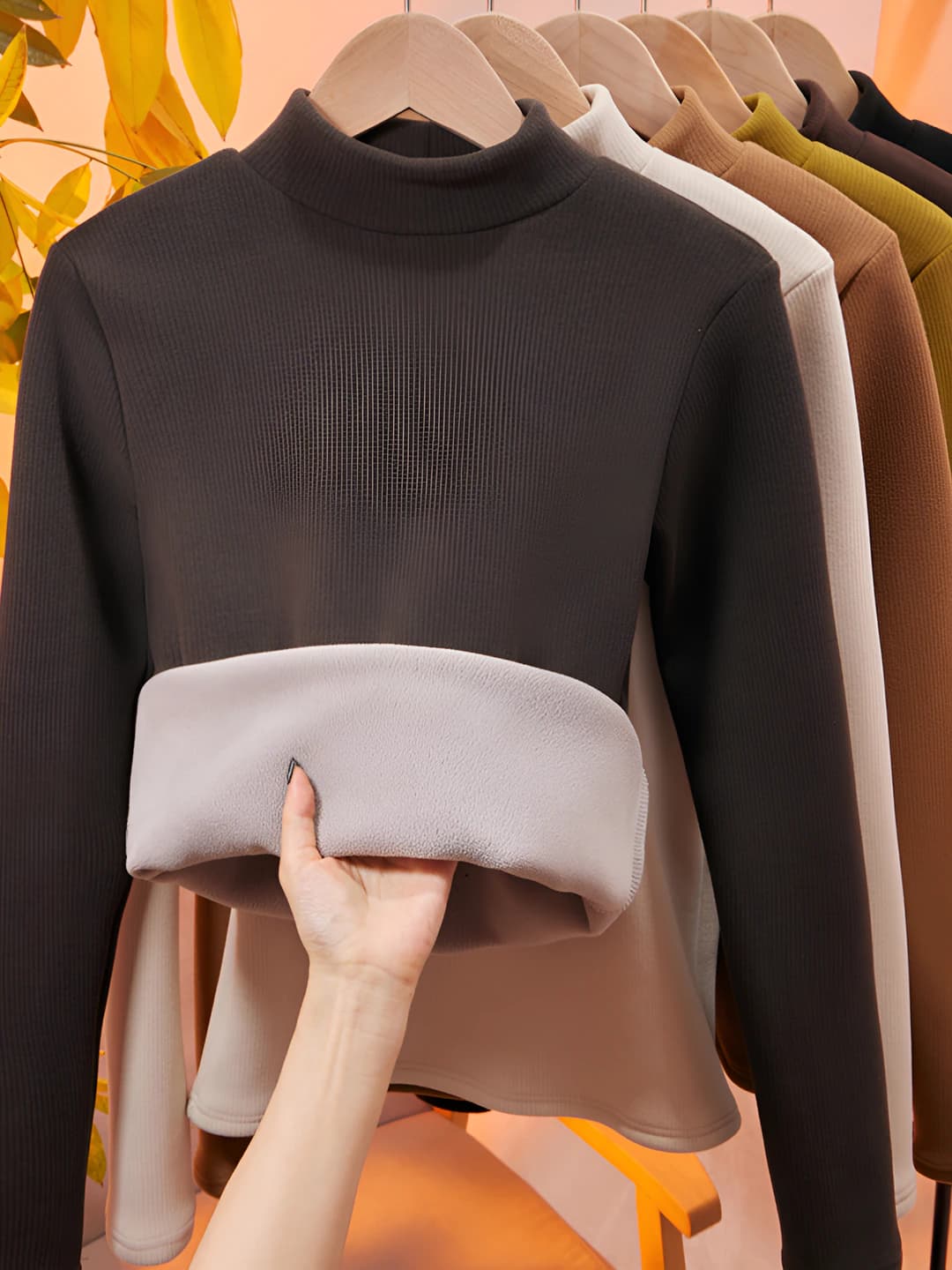 Women's fleece-lined, thickened, warm winter mock neck long-sleeve base top, slim fit
