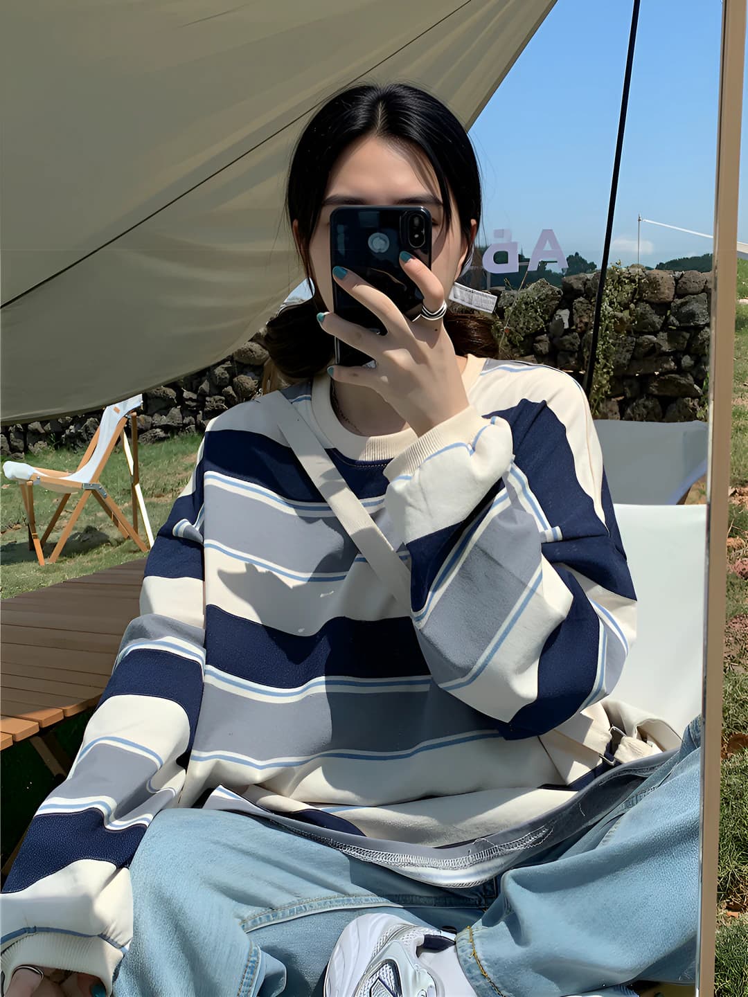 Ayollar uchun chiziqli uzun yengli longsliv, bo'sh (oversize) kesim, dumaloq yoqa, bahor-kuz