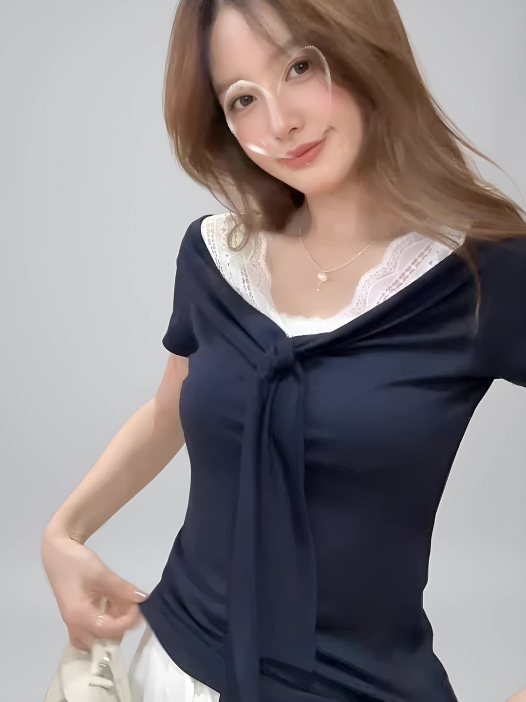 Women's summer short sleeve t-shirt with V-neck and lace details