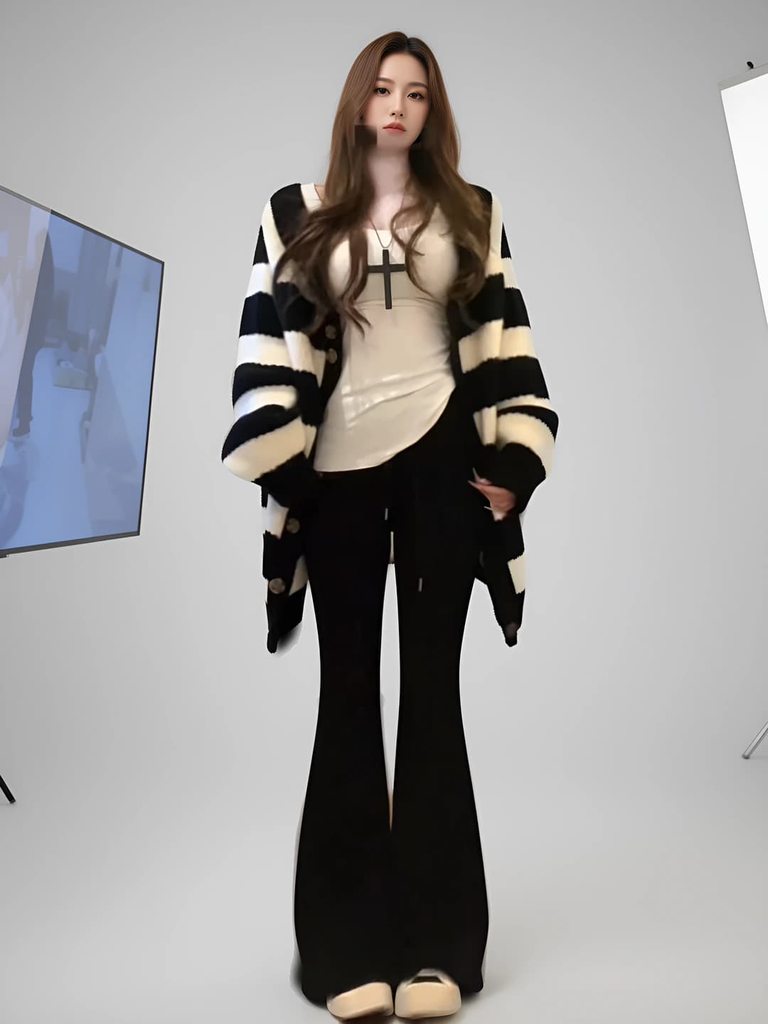 Women's striped knit cardigan, loose fit, V-neck, long sleeve, autumn-winter