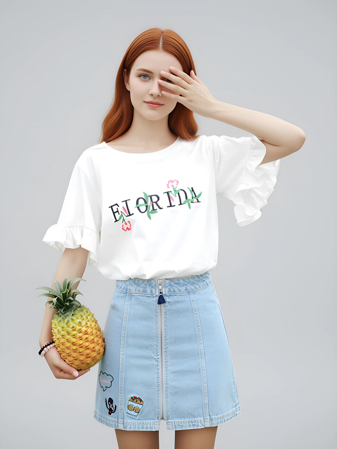 Women's Korean style embroidered t-shirt, crew neck, loose fit, short sleeve, summer