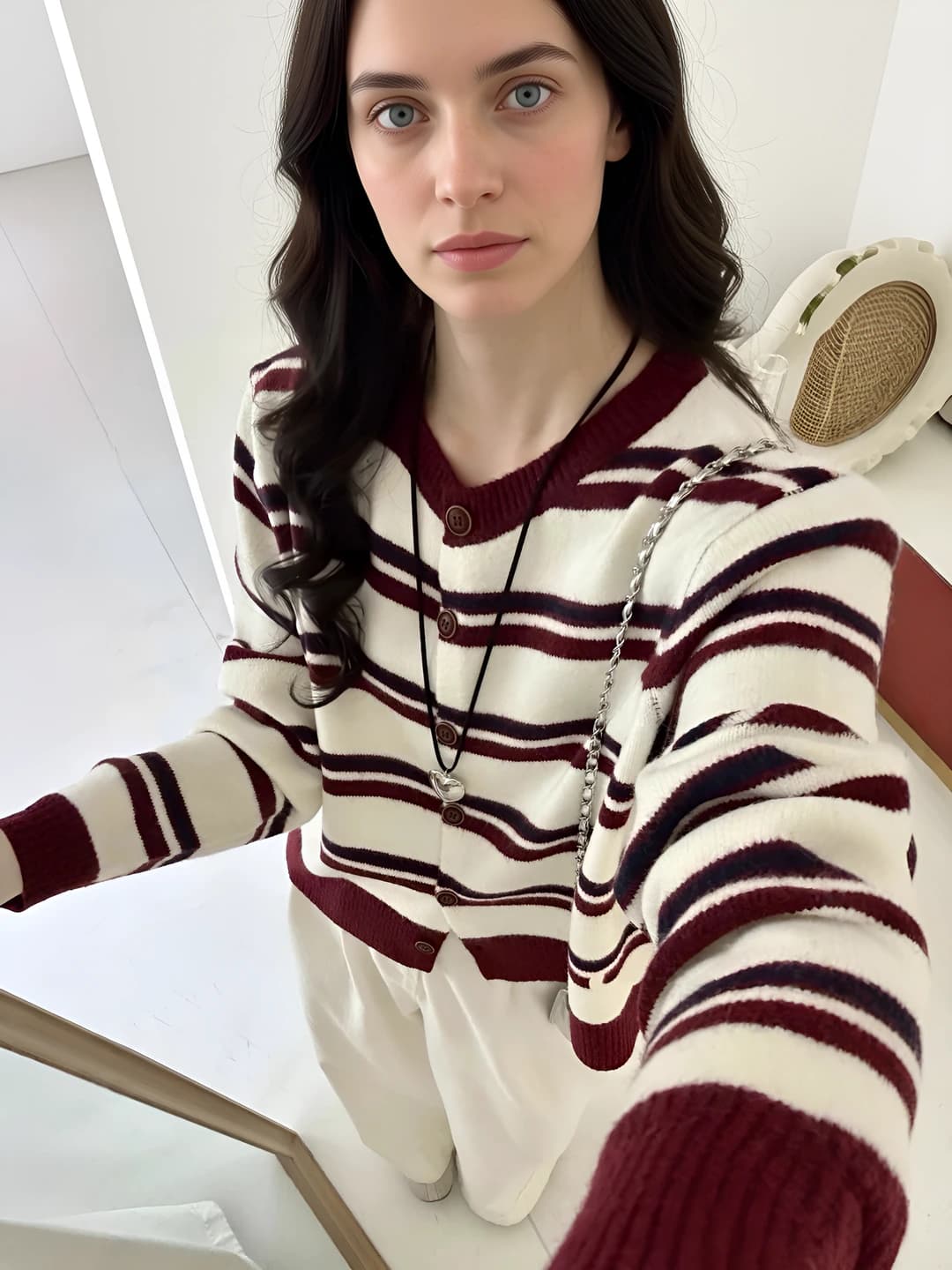 Women's retro striped knit cardigan, autumn-winter, long sleeve, slimming, slim fit, cropped, V-neck
