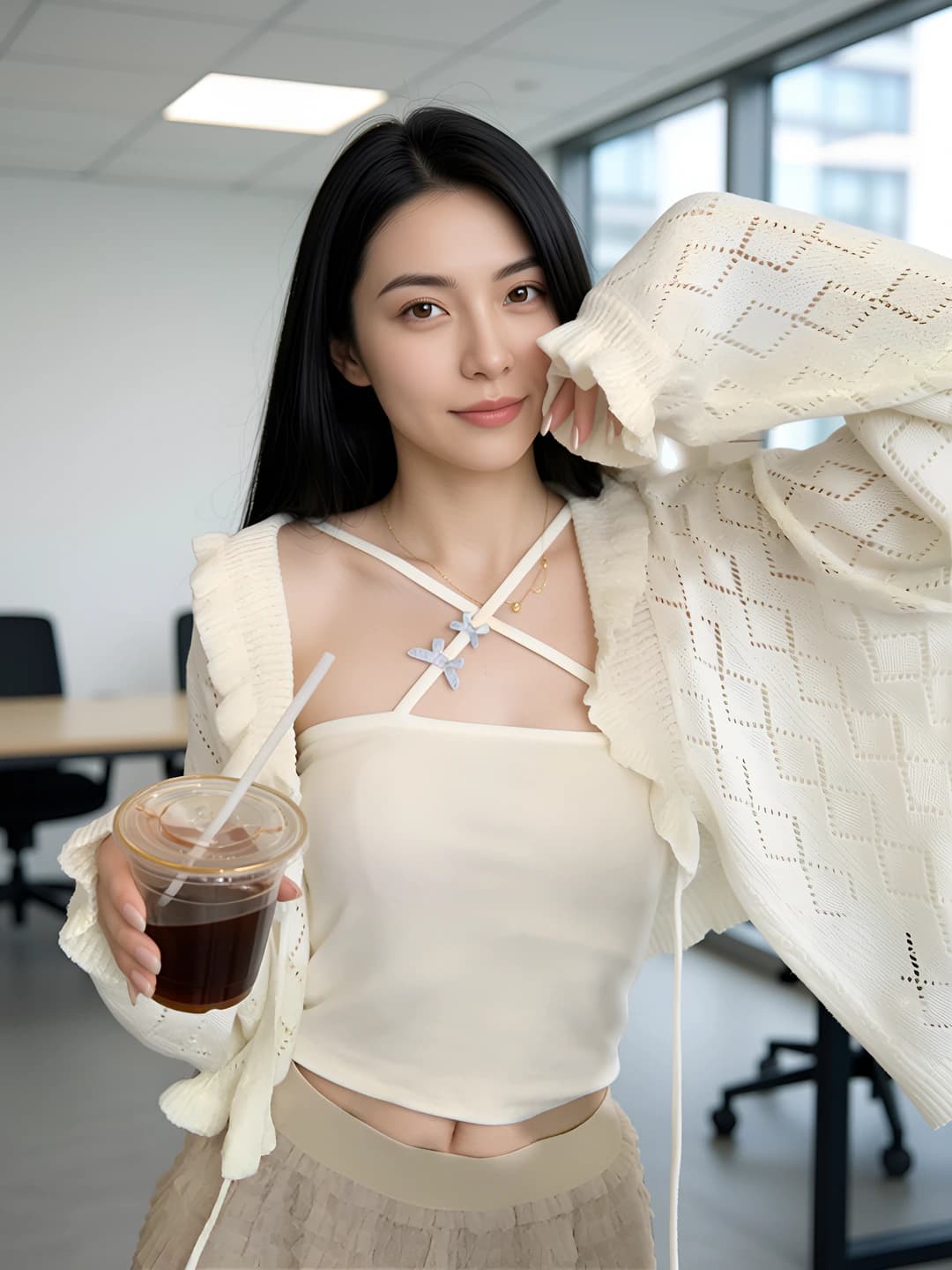 Women's 2026 spring slim fit slimming long sleeve cropped solid colour 3D effect ruffle collar buttonless spliced thin polyester knit cardigan