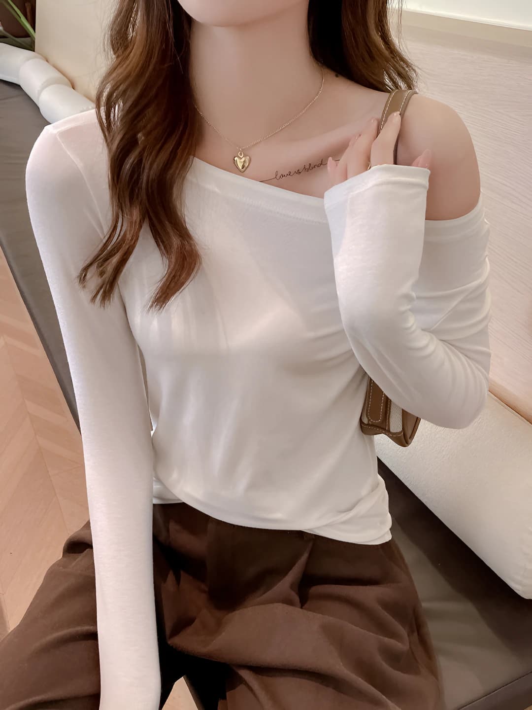 Women's off-shoulder long-sleeve top, slim fit, solid colour, modal fabric
