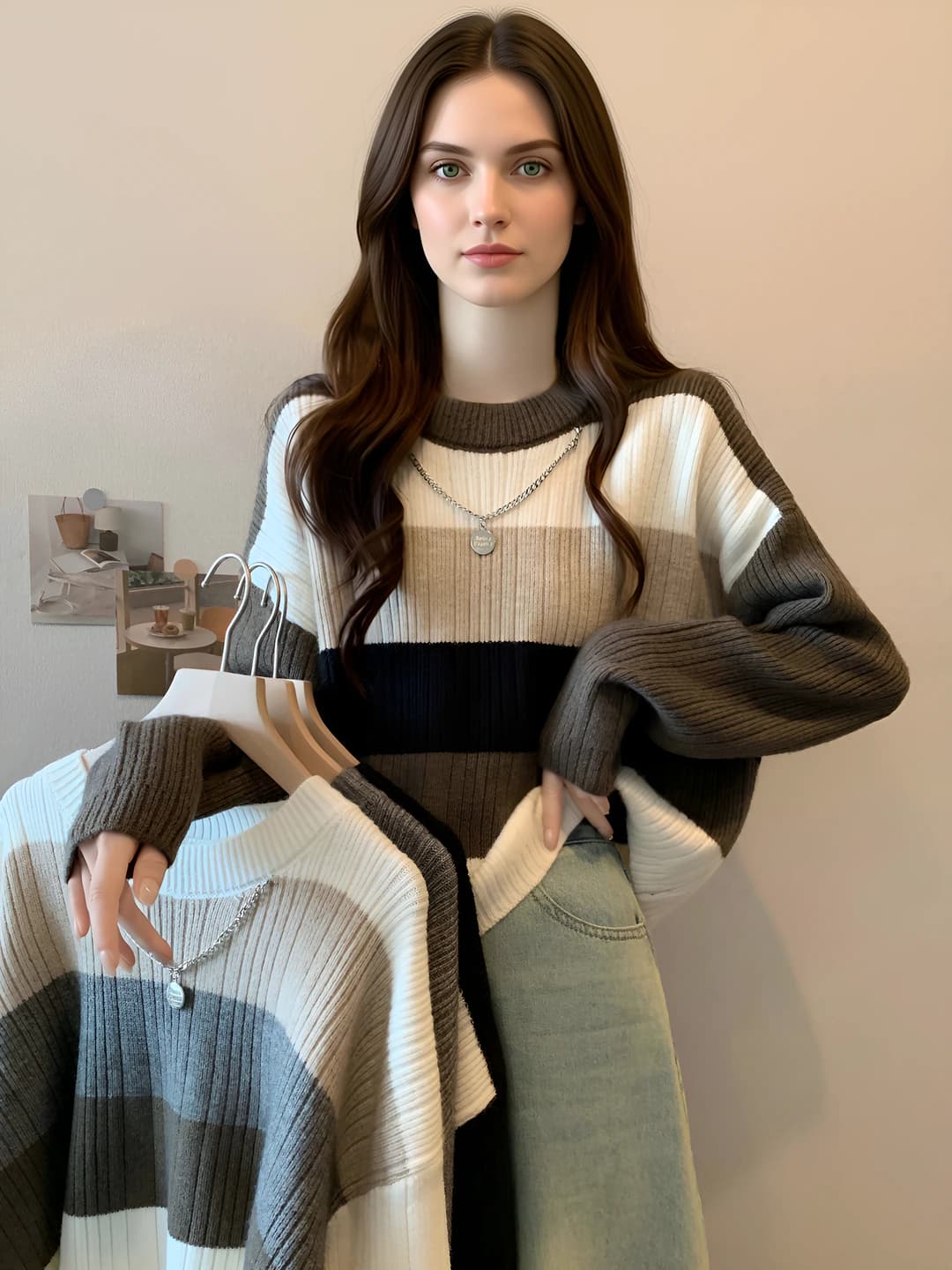 Women's crew neck striped knit pullover sweater, autumn-winter, loose fit, long sleeve, casual style