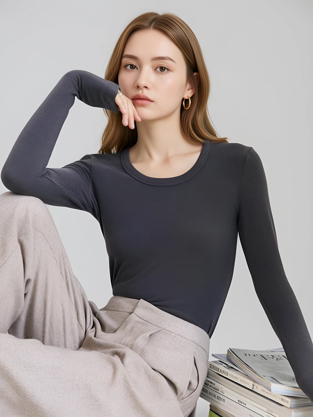 Women's warm wool long-sleeve base top for autumn-winter, crew neck, slim fit, long sleeve, solid colour