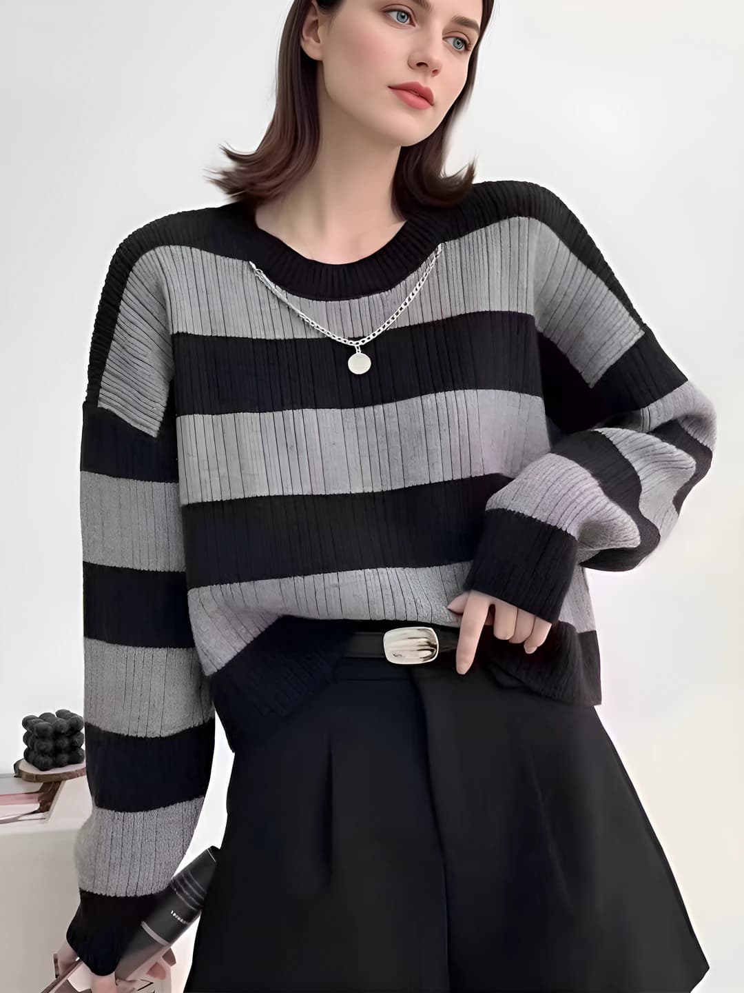 Women's striped sweater, 2026 autumn-winter, casual, loose fit, slimming, crew neck, long sleeve, pullover