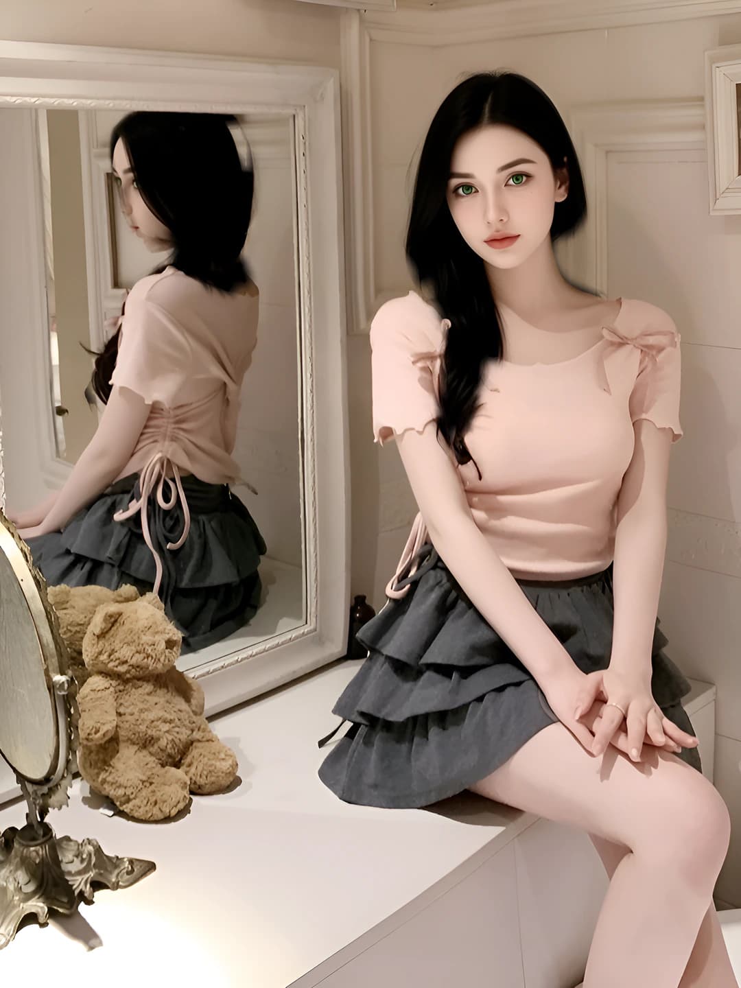 Women's short sleeve t-shirt for summer, ice-silk fabric, slim fit, wavy collar, pink color, French cropped design