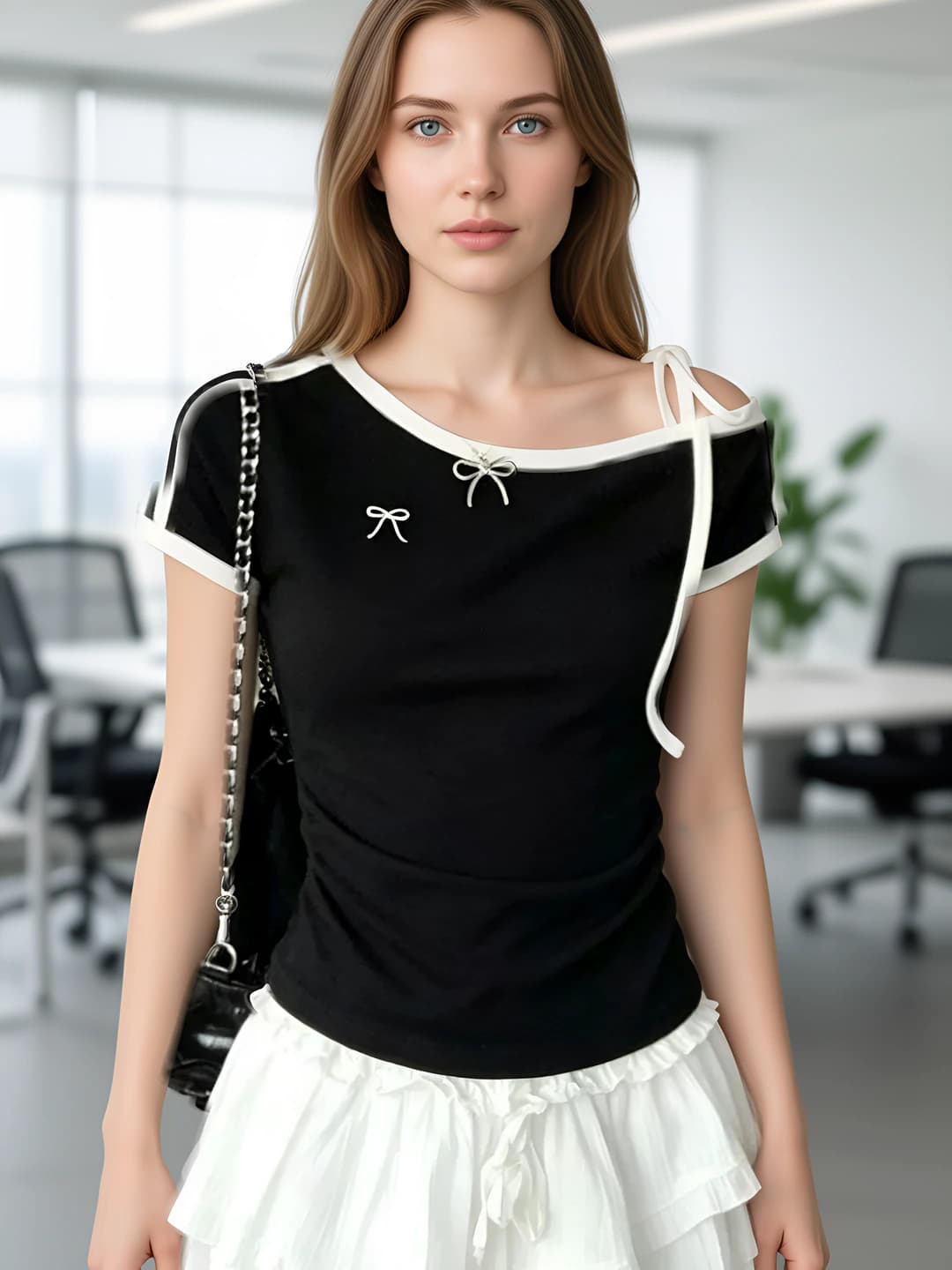 Women's summer striped t-shirt, short sleeve, slim fit, cropped, off-shoulder