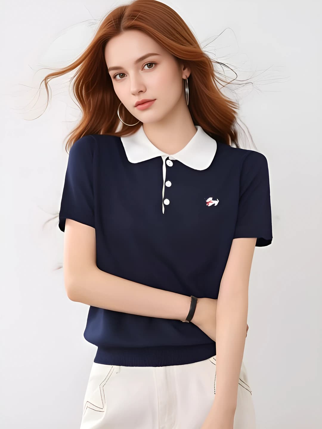 Ayollar uchun yozgi polo, kashtali it naqshi, qaytarma yoqa, kalta yeng, trikotaj sviter, tanaga yopishgan, bir rangli, kundalik