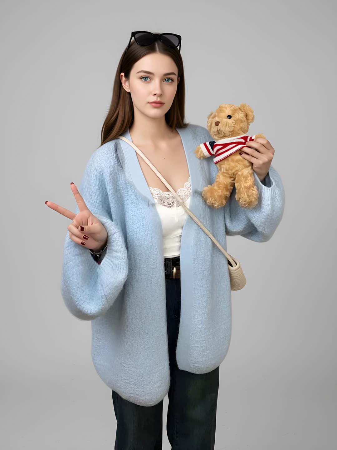 Women's spring-autumn casual loose fit cardigan, V-neck, long sleeve, lantern sleeve, buttonless, tree bark pattern