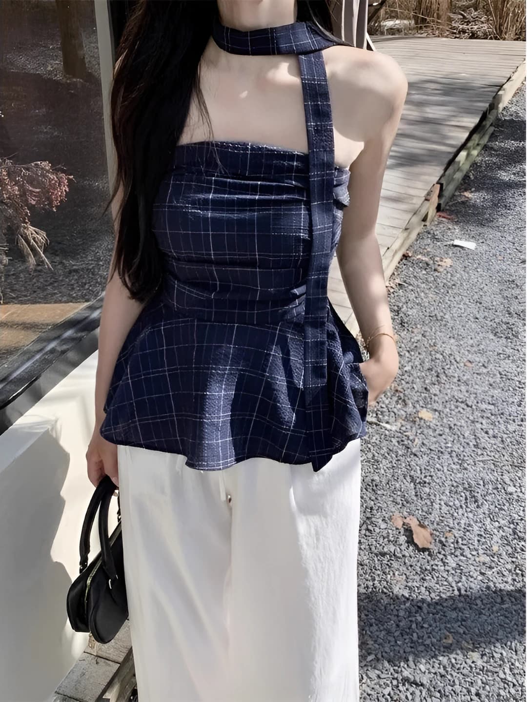 Women's retro checked halter peplum top, sleeveless, summer, slim fit, cropped