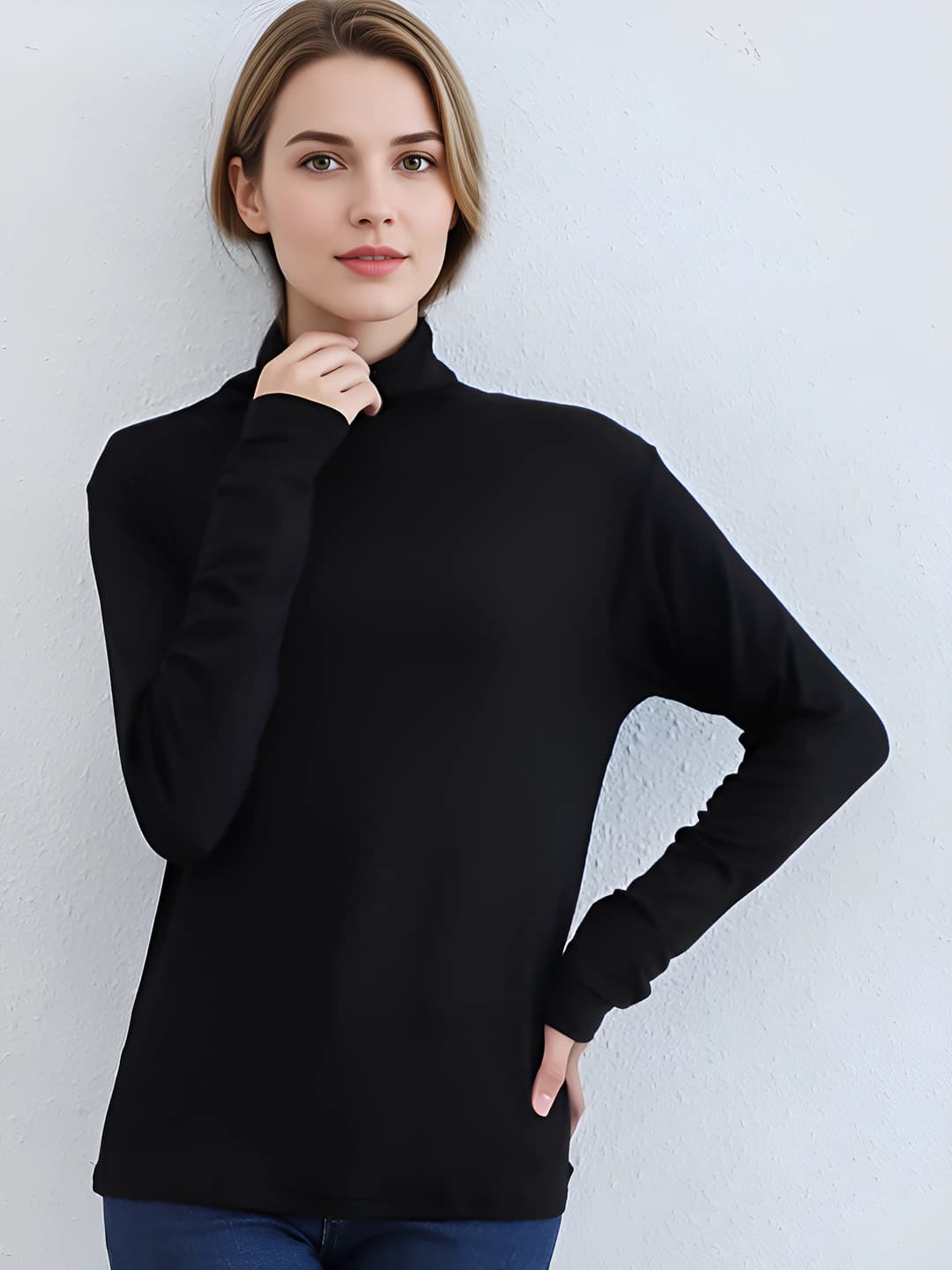 Women's long-sleeve mock-neck top, slim fit, solid colour, 2026 spring style