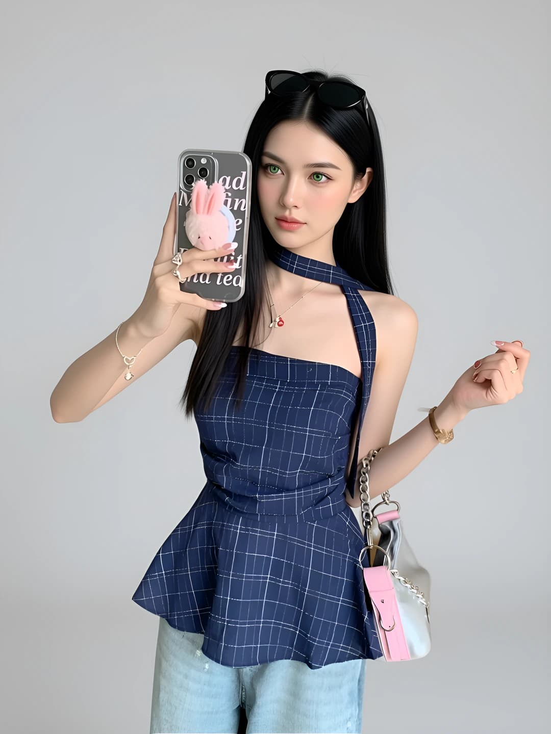 Women's retro checked halter peplum top, summer, sleeveless, slim fit, slimming