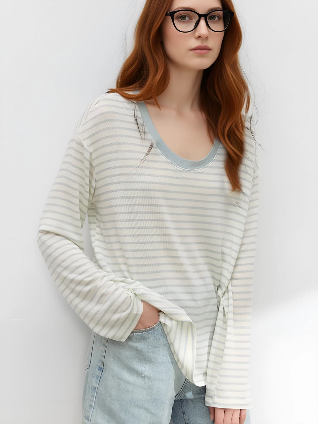 Ayollar uchun uzun yengli longsliv, bahor-yoz, Tencel aralash mato, U-shakl yoqa, bo'sh (oversize) kesim, kundalik uslub