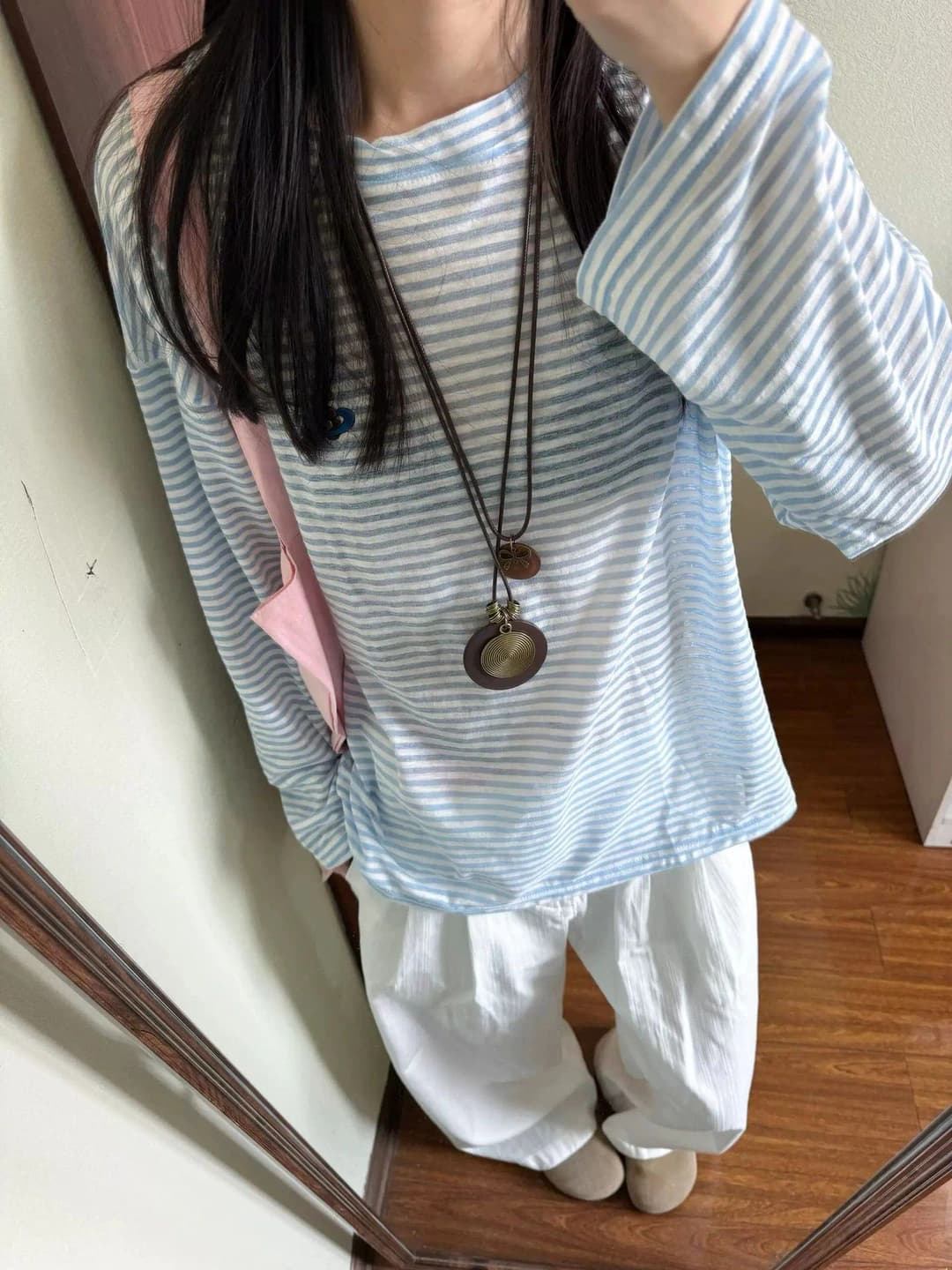 Women's long sleeve striped embroidered sun-protective thin t-shirt, summer, loose fit, mid-length, crew neck, casual
