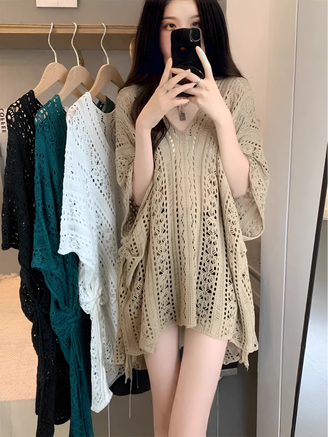 Women's autumn V-neck sweater with elbow-length sleeves, loose fit, solid colour, mid-length, sweet style