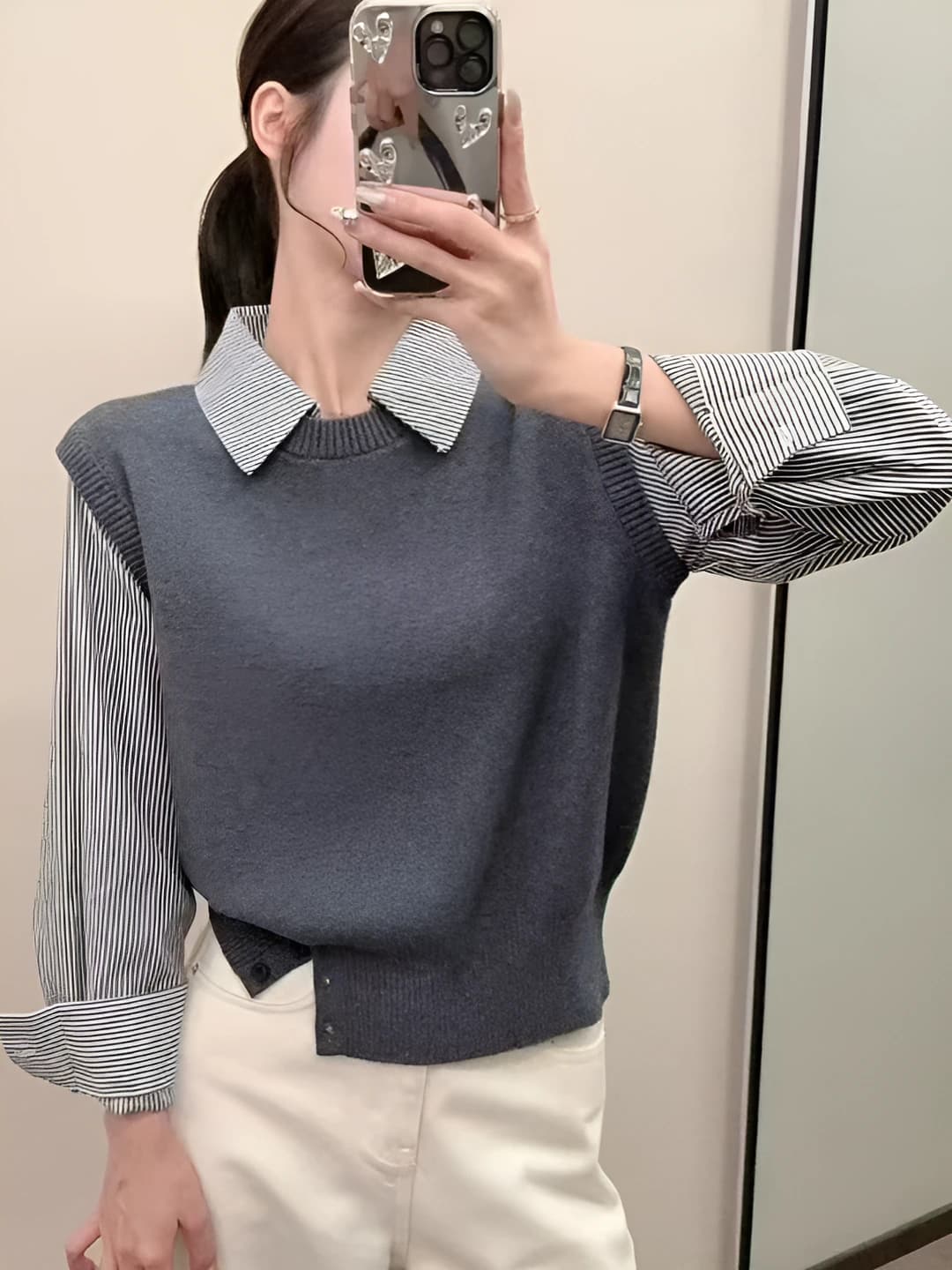 Women's autumn-winter knit pullover sweater with spliced shirt sleeves, POLO collar, striped, loose fit, long sleeve