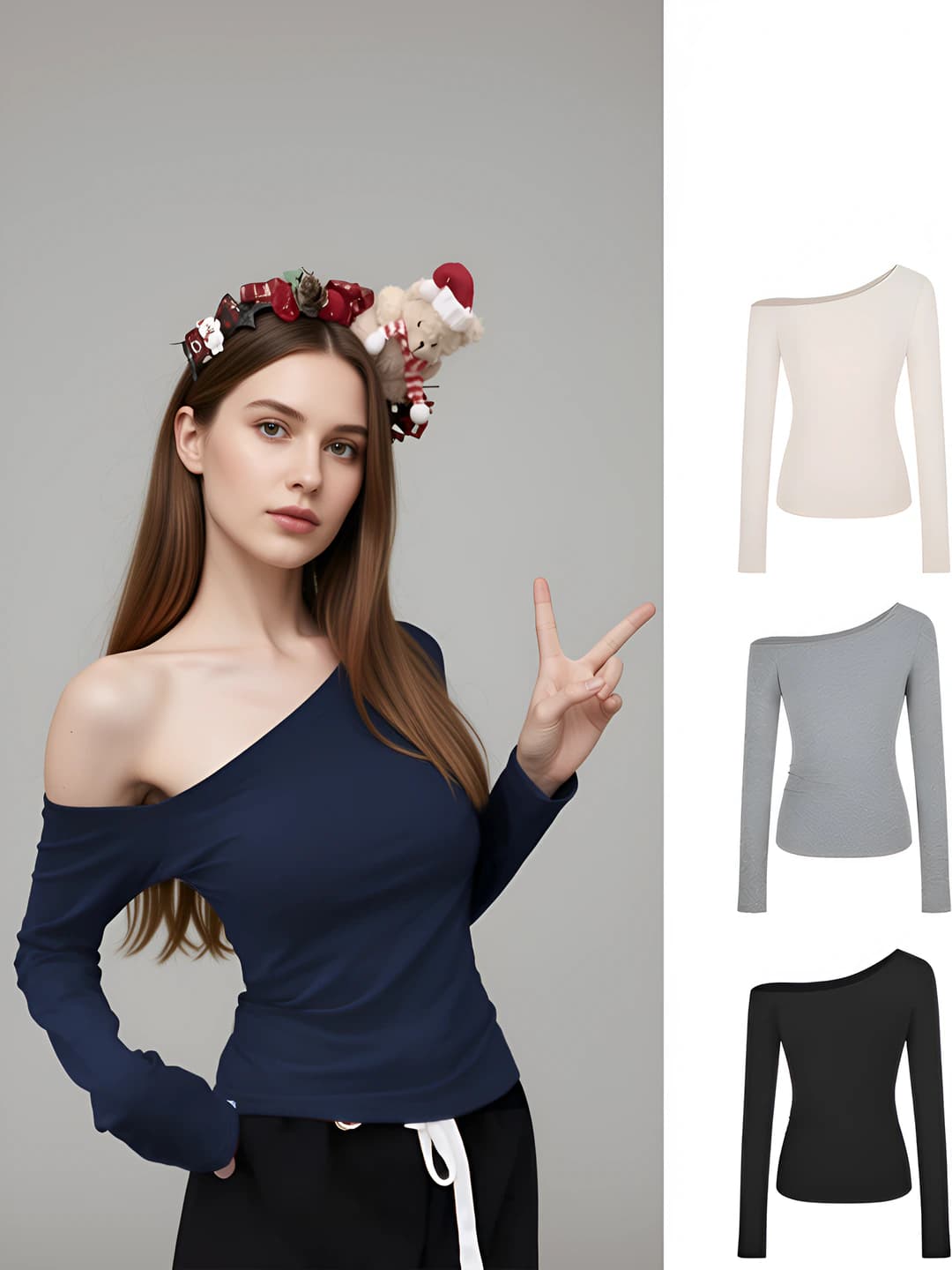 Ayollar uchun erta kuzgi tanaga yopishgan nozik ko'rsatadigan uzun yengli bir rangli off-shoulder longsliv