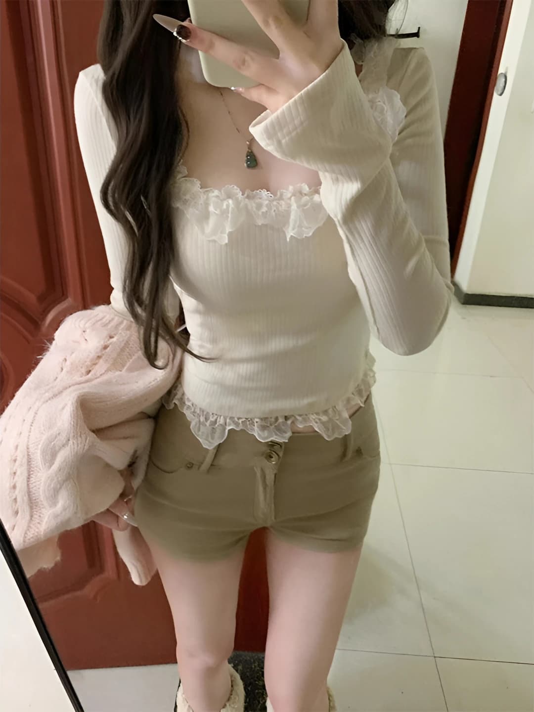Women's lace-trimmed long-sleeve base top, autumn-winter, slim fit, U-neck, 2026