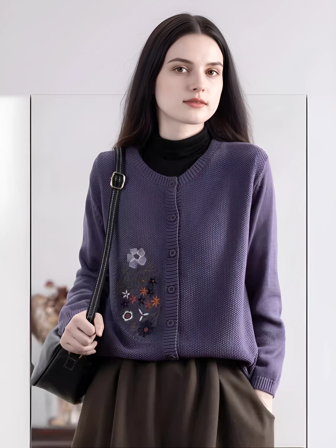 Women's 2026 autumn-winter knit cardigan, crew neck, embroidered, loose fit, long sleeve, retro style
