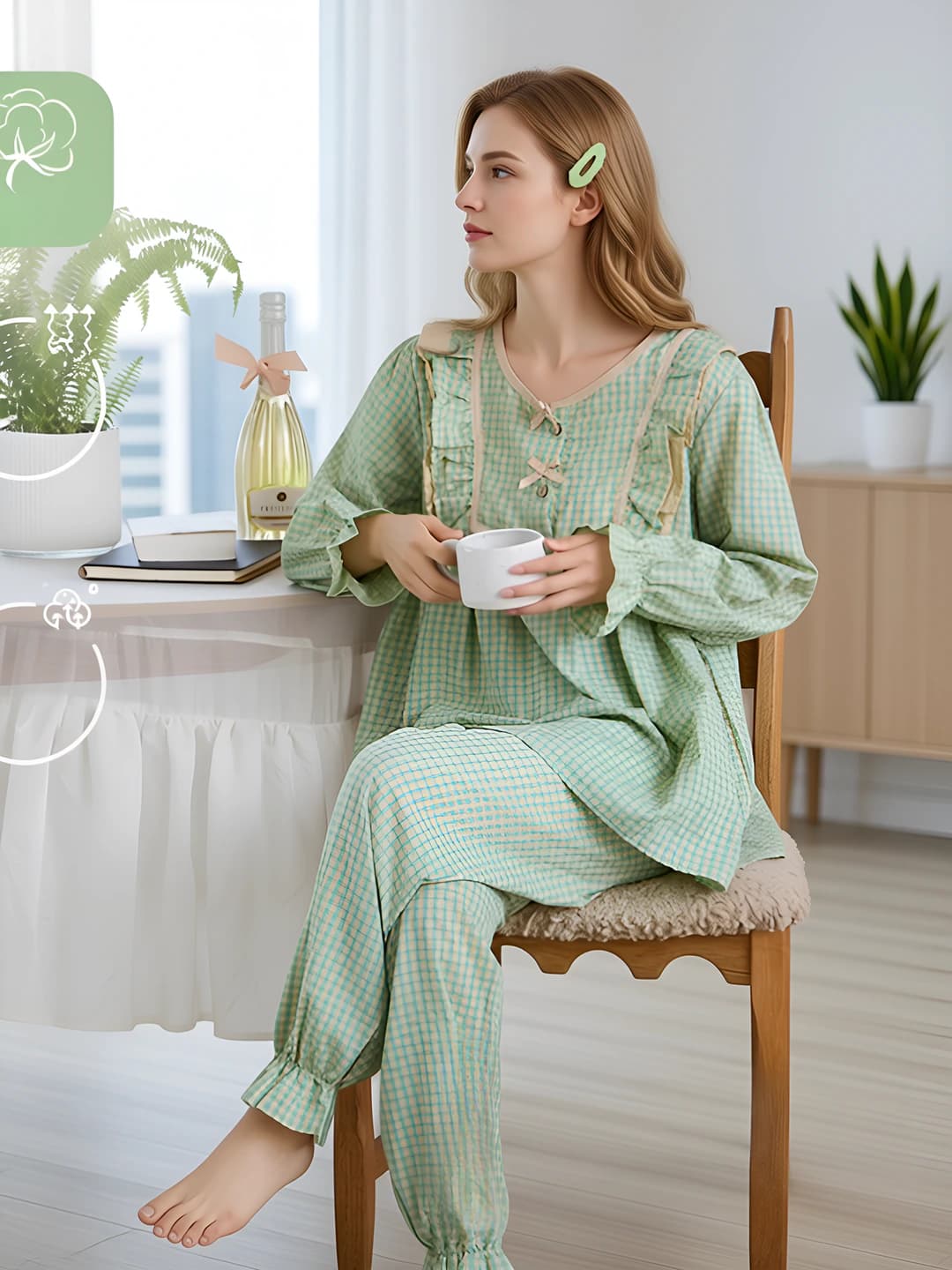 Women's spring-autumn loungewear set (pyjamas) with three-quarter sleeves, checked pattern, lapel collar, thin