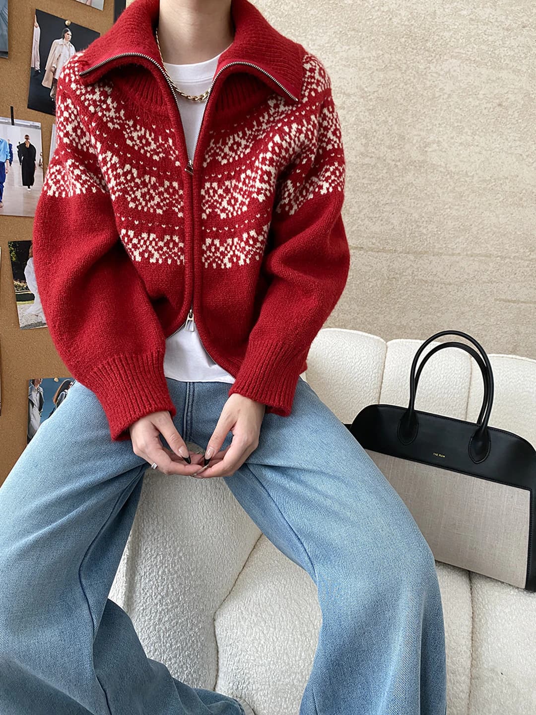 Women's Korean style spring-autumn retro high neck knit cardigan, with zip, long sleeve