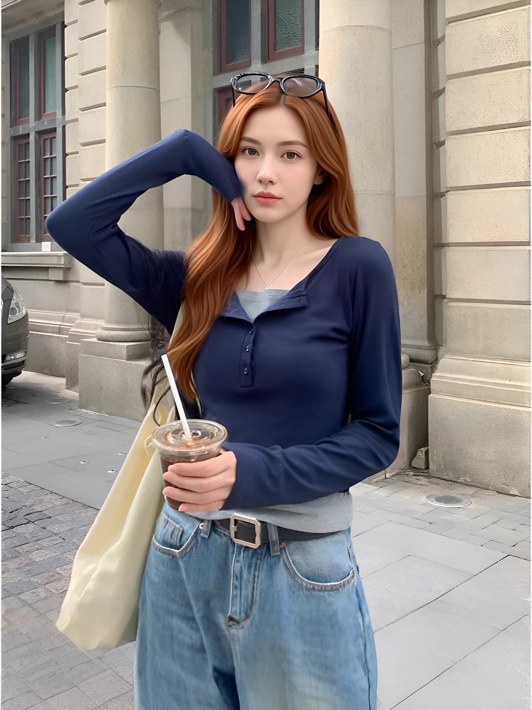 Women's pure cotton long sleeve cropped V-neck longsleeve