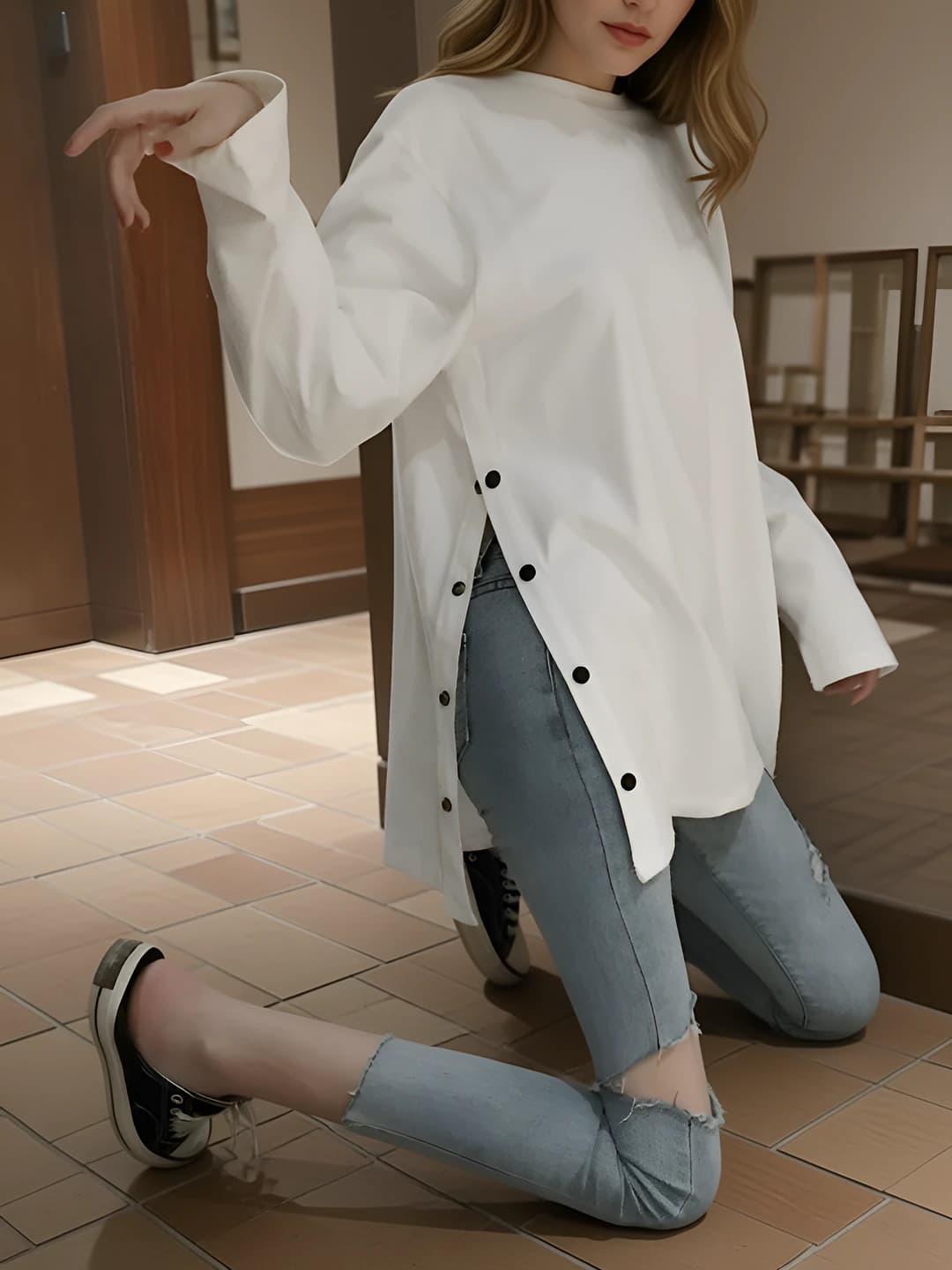 Women's autumn-winter long-sleeve base top, plus size, loose fit, mid-length, crew neck, solid colour, casual style